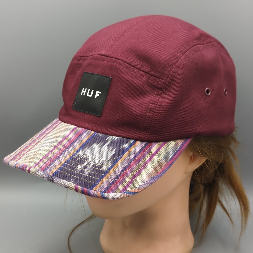 HUF 5 Panel Hat Cap Burgundy Tribal Stripe Bill Strapback Made in USA